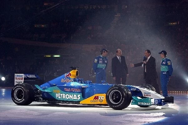 Formula One World Championship: The new Sauber C22 is paraded on an ice rink with key dignitaries: Heinz-Harald Frentzen Sauber; Peter Sauber