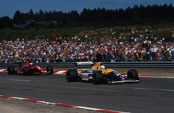 Formula One World Championship: Nigel Mansell Williams FW14 leads Alain Prost