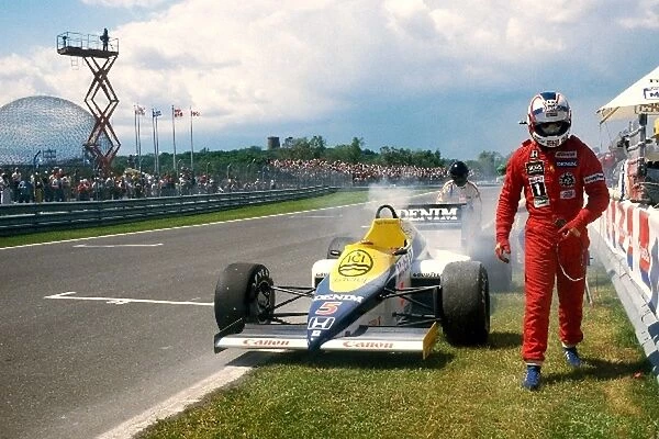 Formula One World Championship: Nigel Mansell walks from his Williams FW10 during Saturday qualifying when he suffered a problem with a Honda turbo