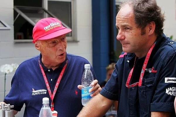 Formula One World Championship: Niki Lauda with Gerhard Berger Scuderia Toro Rosso Team Part Owner
