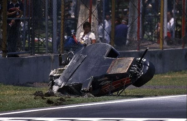 Formula One World Championship: Phillipe Alliot Lola LC88 after barrel rolling his car along the main straight having losing control out of the