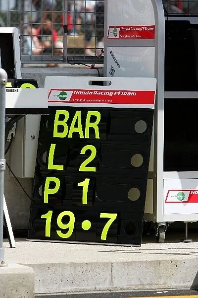 Formula One World Championship: Pit board for Rubens Barrichello Honda Racing F1 Team
