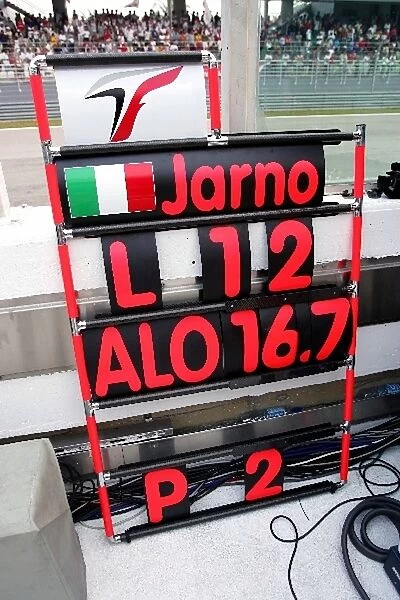 Formula One World Championship: A pit board for second placed Jarno Trulli Toyota
