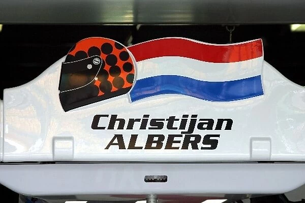 Formula One World Championship: The pit garage sign for Christijan Albers Minardi