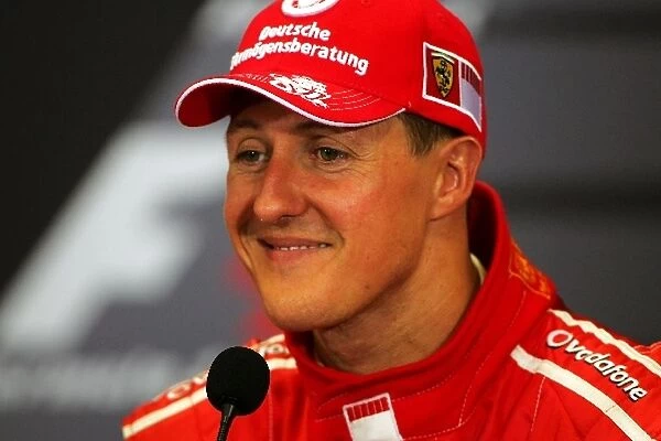 Formula One World Championship: Third placed Michael Schumacher Ferrari in the FIA Press Conference