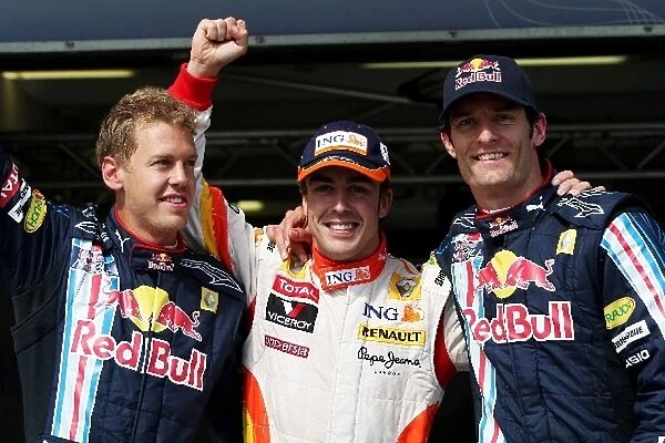 Formula One World Championship: Post qualifying parc ferme: Sebastian Vettel Red Bull Racing, second; Fernando Alonso Renault, pole position