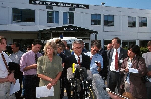 Formula One World Championship: Press conference announcing that Michael Schumacher Ferrari will leave Northampton hospital after his leg breaking