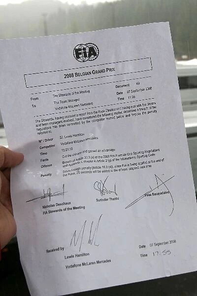 Formula One World Championship: A press release from the FIA announcing that Lewis Hamilton McLaren Mercedes has been given a 25 second penalty