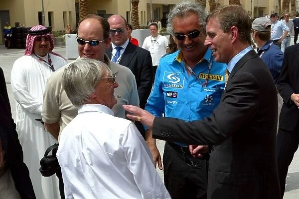 Formula One World Championship: Prince Albert of Monaco with Bernie Ecclestone F1 Supremo, Flavio Briatore Renault Team Principal and Prince Andrew