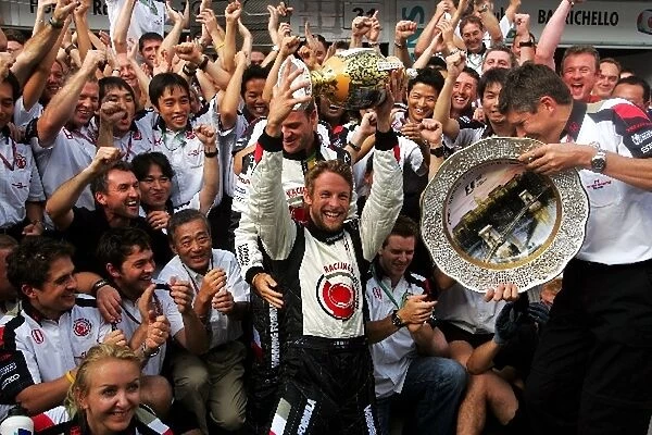 Formula One World Championship: Race winner Jenson Button Honda celebrates with the Honda team