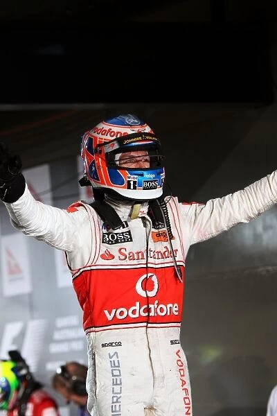 Formula One World Championship: Race winner Jenson Button McLaren celebrates in parc ferme