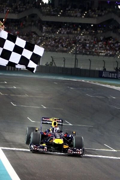 Formula One World Championship: Race winner Sebastian Vettel Red Bull Racing RB5 celebrates as he takes the chequered flag