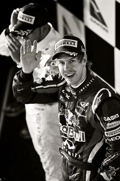 Formula One World Championship: Race winner Sebastian Vettel Red Bull Racing celebrates on the podium
