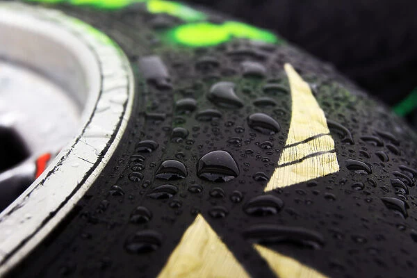 Formula One World Championship: Raindrops on a Bridgestone tyre