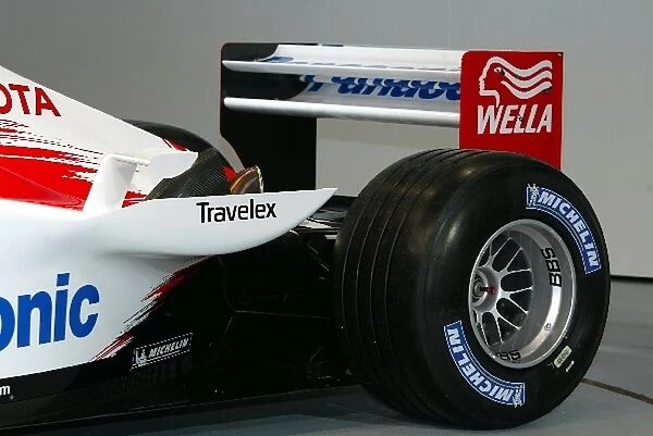 Formula One World Championship: Rear wing, rear wheel and winglet detail on the brand new Toyota TF103