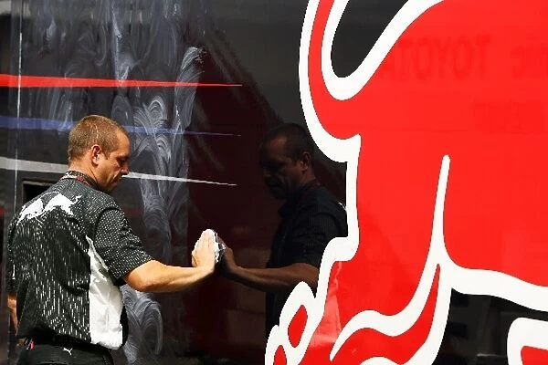 Formula One World Championship: Red Bull Racing truck is cleaned