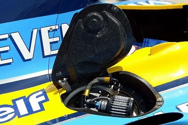 Formula One World Championship: Refuelling nozzle detail on the Renault R23 of Allan McNish Renault R23