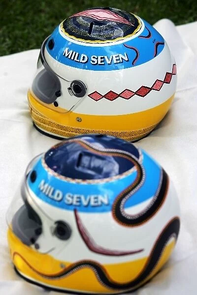 Formula One World Championship: The Renault helmets painted by artist Gary Donnelly