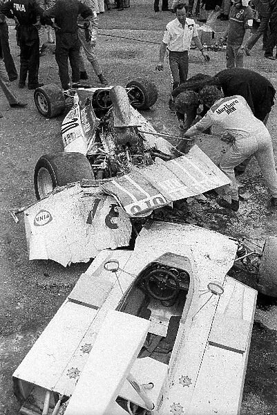 Formula One World Championship: Some of the resultant carnage from the multi car accident at the first attempt at running the race