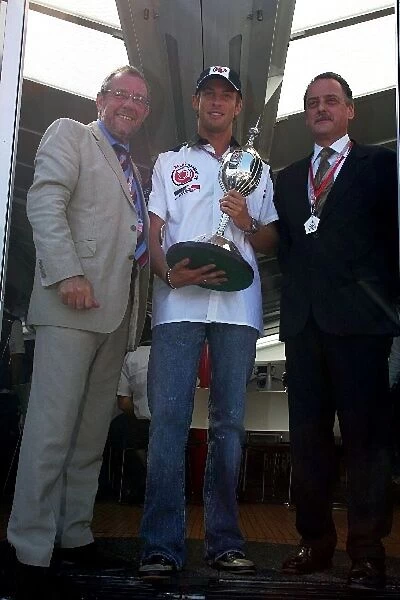 Formula One World Championship: Richard Caborn Minister for Sport presents Jenson Button BAR with the Hawthorn Trophy