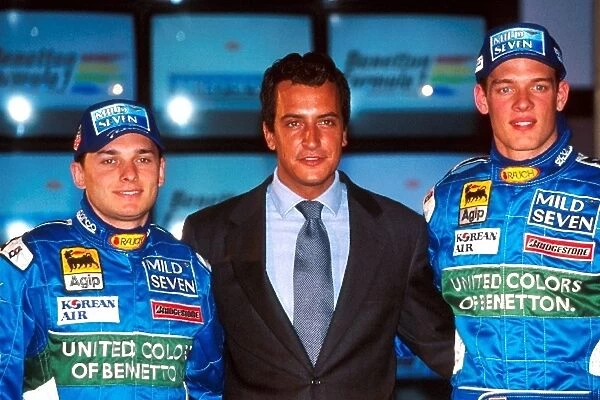 Formula One World Championship: Rocco Benetton centre and his 1999 drivers Giancarlo Fisichella, left, and Alexander Wurz