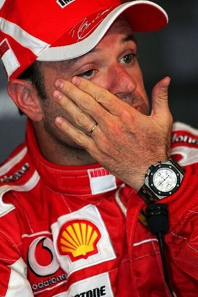 Formula One World Championship: Second place Rubens Barrichello Ferrari in the post race press conference