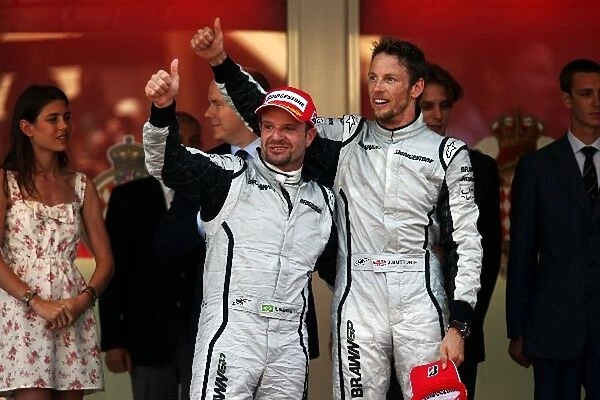 Formula One World Championship: second placed Rubens Barrichello Brawn Grand Prix celebrates with race winner Jenson Button Brawn Grand Prix