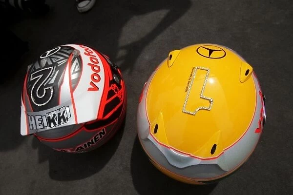 Formula One World Championship: The Steinmetz diamond encrusted helmets of Lewis Hamilton McLaren and Heikki Kovalainen McLaren