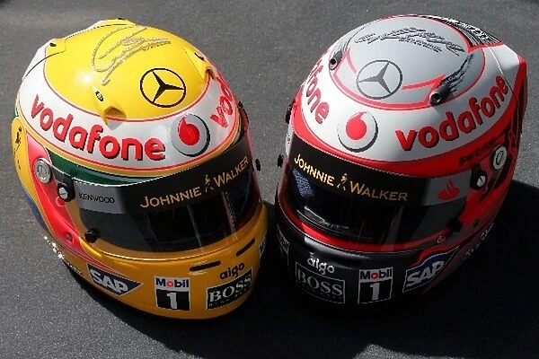 Formula One World Championship: Steinmetz diamonds on the helmets of Heikki Kovalainen McLaren and Lewis Hamilton McLaren
