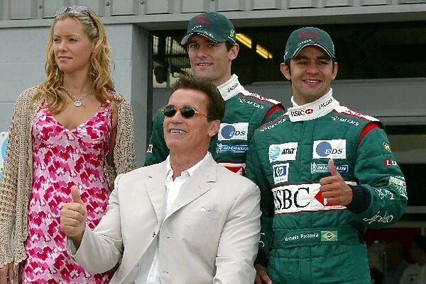 Formula One World Championship: T3 co-star Kristanna Lokken, T3 star Arnold Schwarzenegger, Mark Webber Jaguar and Antonio Pizzonia Jaguar