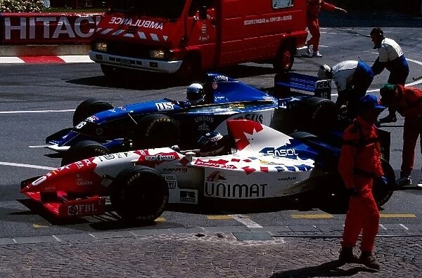 Formula One World Championship: Taki Inoue Footwork Hart FA16 and Bertrand Gachot Pacific Cosworth PR02 are recovered from the Ste