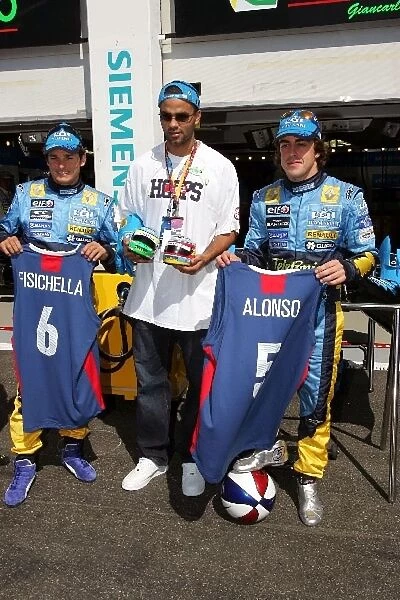 Formula One World Championship: Tony Parker Basketball Player with Giancarlo Fisichella Renault and Fernando Alonso Renault