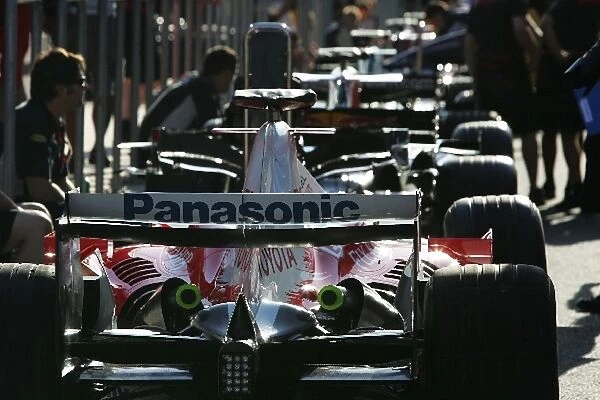 Formula One World Championship: A Toyota TF107 in the pitlane awaiting scrutineering