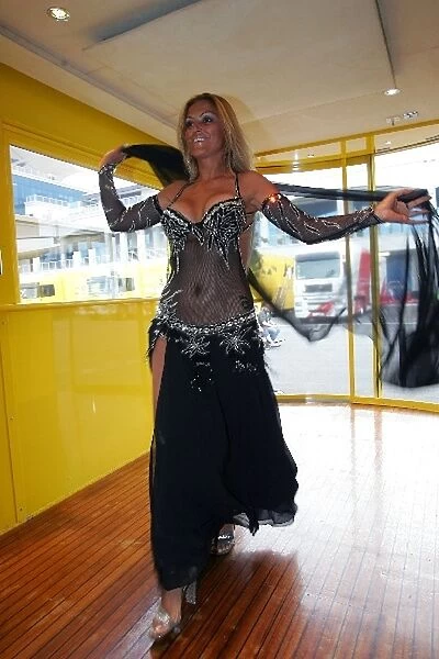 Formula One World Championship: A Turkish belly dancer at a Turkish style media dinner in the Jordan motorhome
