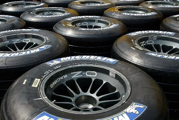 Formula One World Championship: Tyres and wheels are prepared for the Renault team