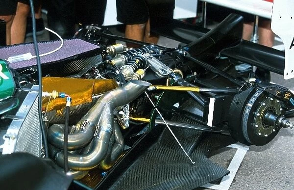 Formula One World Championship: The uncovered rear of the Jaguar R3 showing the Cosworth V10 engine