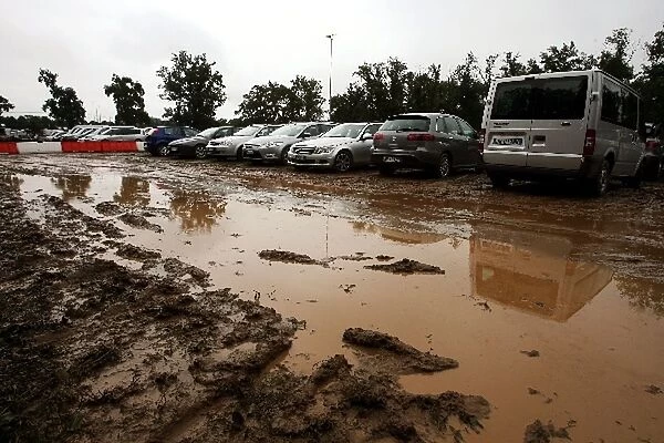 Formula One World Championship: The wet and muddy media car park
