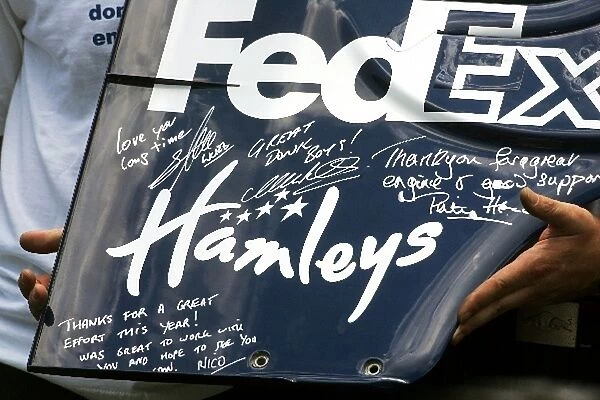 Formula One World Championship: Williams bid farewell to Cosworth with a signed rear wing endplate