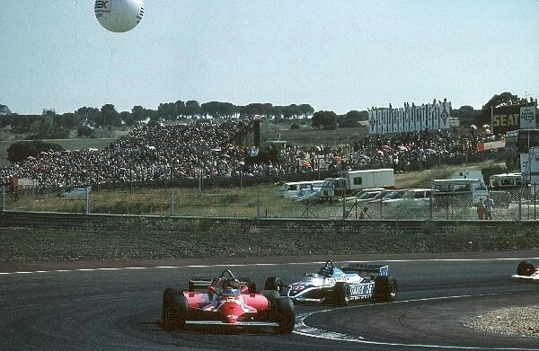 Formula One World Championship: Winner Gilles Villeneuve Ferrari 126CK, leads 2nd placed Jacques Lafitte Talbot Ligier JS17