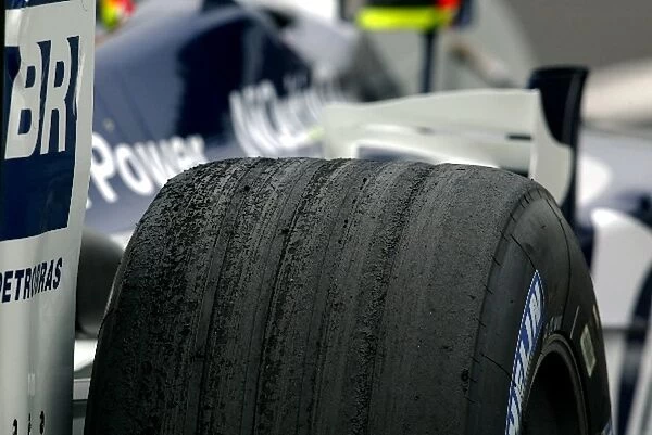 Formula One World Championship: Worn Michelin tyres on the Williams BMW FW25 of Ralf Schumacher