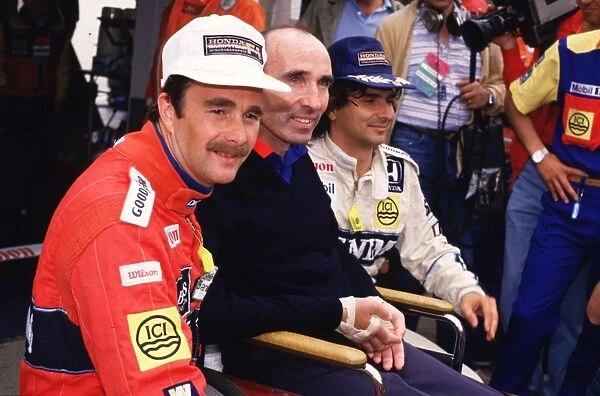 Frank Williams with drivers Nigel Mansell and Nelson Piquet, 1986