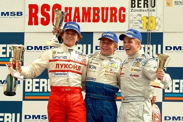 German Formula Renault 2. 0: Podium: Michael Aleshin second, Pekka Saarinen Winner, Bruno Fechner third