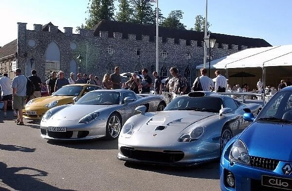 Goodwood Festival of Speed: The Supercar paddock. L-R: Porsche GT3, Porsche Carrera GT, Porsche 911 GT1 Evo, Renault Clio V6