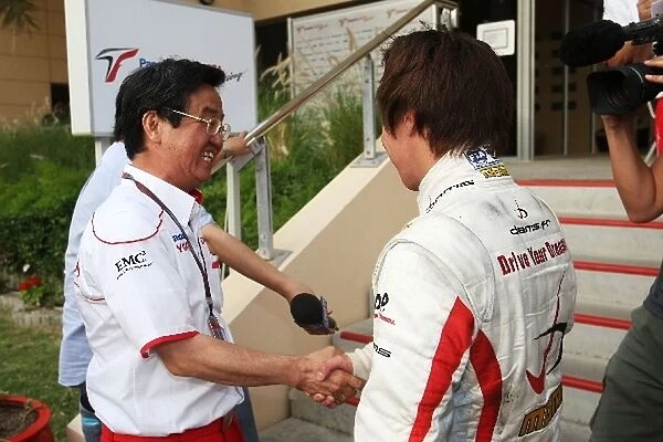 GP2 Asia Series: Tadashi Yamashina Toyota F1 Chairman celebrates Kamui Kobayashi DAMS winning the Championship