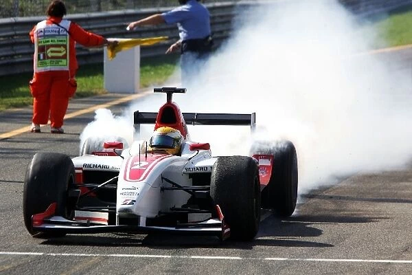GP2: Lewis Hamilton ART Grand Prix does a burn out