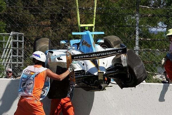 GP2 Series: The car of Karun Chandhok Durango after he crashed out at the start of the race
