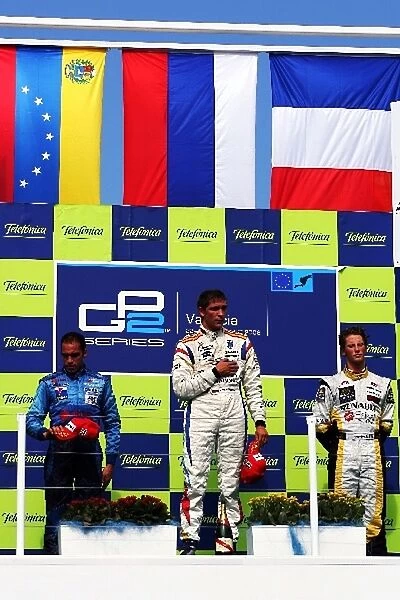 GP2 Series: The podium: Pastor Maldonado Piquet Sport, second; Vitaly Petrov Barwa International Campos Team, race winner; Romain Grosjean ART, third