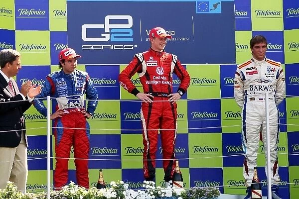 GP2 Series: The podium: Sergio Perez Telmex Arden International, second; Nico Hulkenberg ART Grand Prix, race winner; Vitaly Petrov Barwa Addax Team