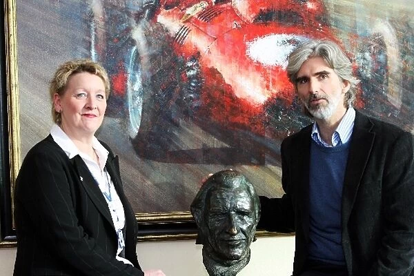 Graham Hill Bust Returned to BRDC: L-R: Detective Chief Inspector Tricia Kirk Northamptonshire Police with Damon Hill BRDC President and the