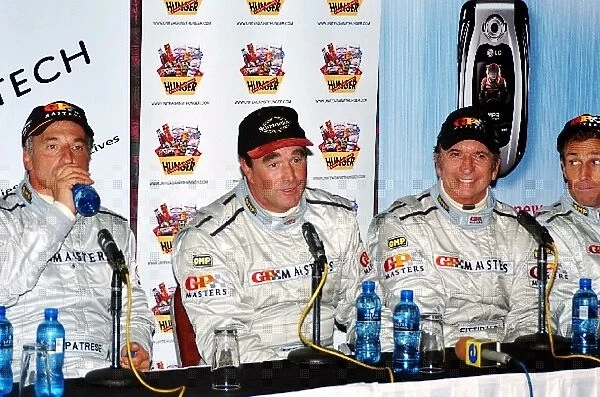 Grand Prix Masters: The post race press conference: Riccardo Patrese, third; Nigel Mansell, winner; Emerson Fittipaldi, second; Andrea de Cesaris